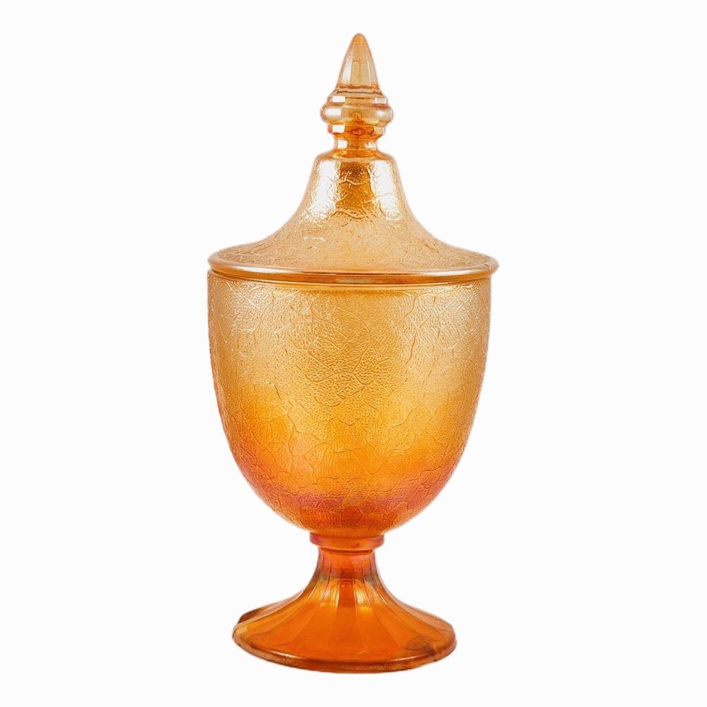Vintage Marigold Candy Dish Lidded Crackle Pattern Imperial Carnival Glass Bowl
